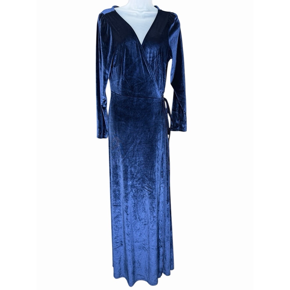 Baltic Born Velvet Long Sleeve Wrap Maxi Dress in Navy Blue